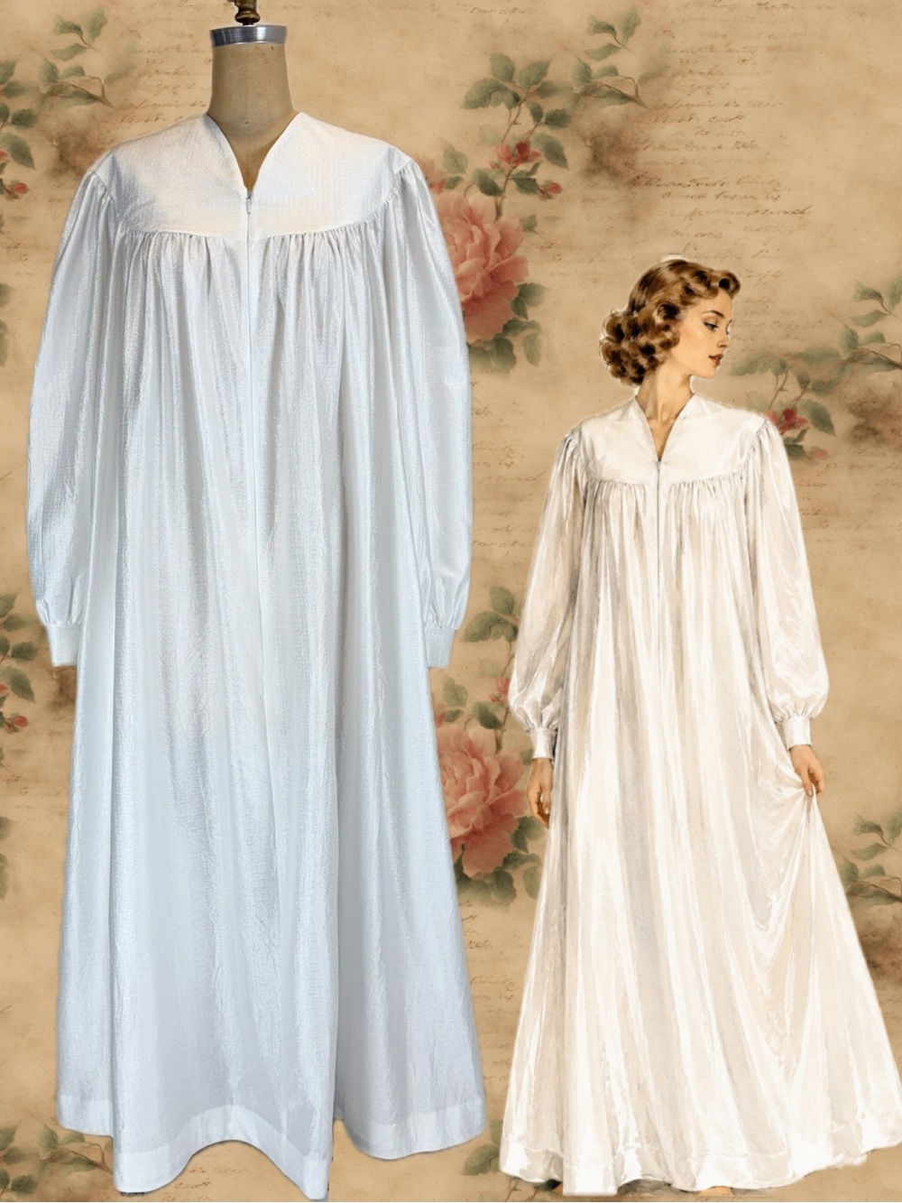 VINTAGE 80s white satin robe house gown long sleeve full maxi zipper front